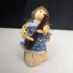 Vintage Handmade Corn Husk Doll Woman Carrying Fire Wood Clothes Hair 4.5"